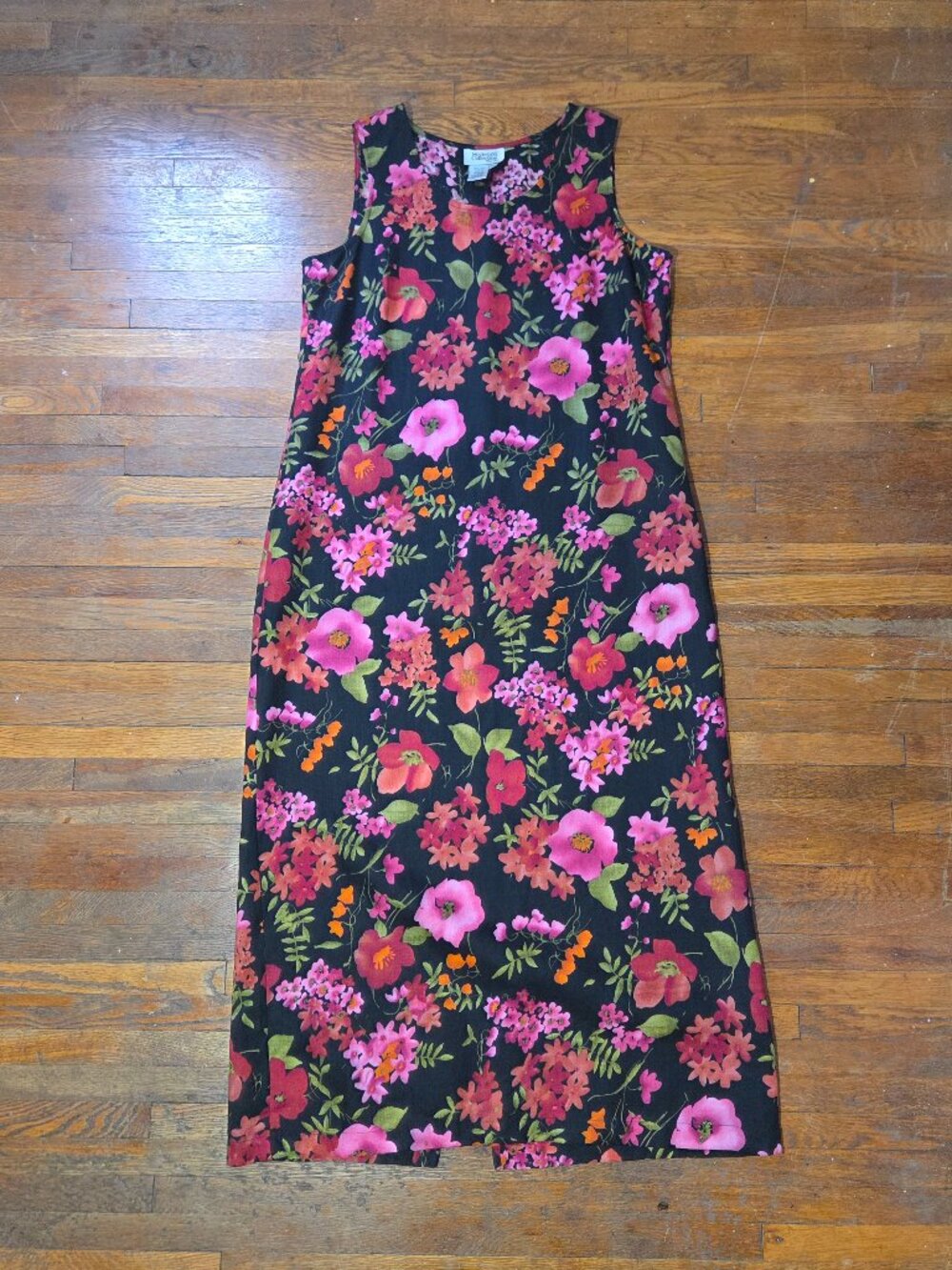 Style and Co Vintage Black and Pink Floral Linen Sleeveless Maxi Dress